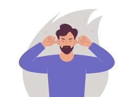 Man while eyes closed covering ears with fingers ignoring annoying sounds and words. I can't see or hear anything. Ignoring problems. vector