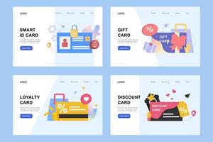 Set of landing page templates for smart ID card, loyalty program, discount card, voucher, gift card, coupon, earn points, gift certificate. Flat vector illustration for sale, bonus, promotion strategy