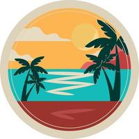 Sticker Sandy Coast with Palm Trees Mountains Clouds Sunset Summer Vacation at Sea vector