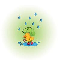 A Duckling in red Boots Walks in the Rain Under an Umbrella Through the Puddles vector