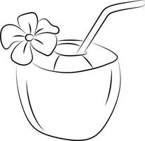 Coconut Cocktail with Straw and Flower Linear Drawing vector