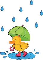 A Duckling in red Boots Walks in the Rain Under an Umbrella Through the Puddles vector