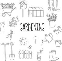 Set of Illustrations on the Theme of Gardening in Doodle Style vector