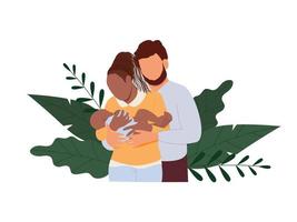 Mom and dad holding a newborn baby. Mixed marriage. Vector illustration