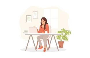 Young woman working online. Sitting at the table. Vector illustration. Home office