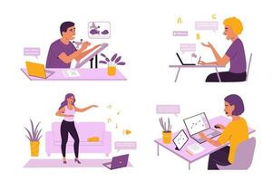 People learn to dance, draw, tattoo, languages at home from online lessons. Concept of online education, training and courses, learning, video tutorials. Flat vector cartoon illustration.