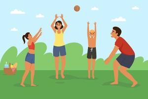 familia feliz con niños jugando voleibol al aire libre en el césped contra el fondo del cielo y las nubes. padre, madre, hija e hijo lanzan una pelota en la naturaleza. ilustración vectorial plana. vector