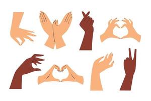 Set of different hands. Heart, bird, love, victory, peace gestures Vector flat illustration