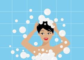 Woman in bathroom taking shower and shampooing her hair. vector
