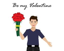 Young man with red roses. Happy Valentine day concept. vector