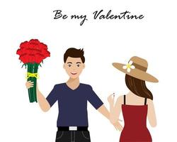 Man give red rose to woman. Happy Valentine day concept.