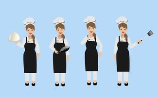 Chef woman in different poses holding cooking utensils. vector