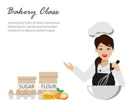 Woman chef with bakery ingredients. Bakery class concept. vector