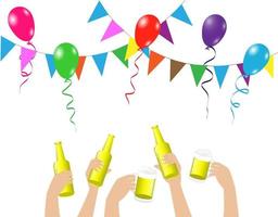 Hands toasting beer to celebrating with colurful flag and balloon. vector