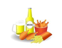 Beer bottle and mug with fried checken and french fries. Unhealthy foods concept. vector