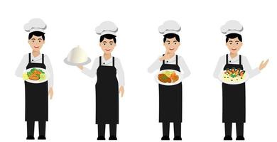 Chef man in different pose holding food plate. vector