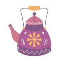 Colorful ceramic teapot with patterns, vector flat illustration on white background