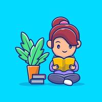 Cute Girl Reading Book Cartoon Vector Icon Illustration.  People Education Icon Concept Isolated Premium Vector. Flat  Cartoon Style