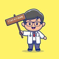 Cute Doctor Stay At Home Cartoon Vector Icon Illustration.  People Medical Icon Concept Isolated Premium Vector. Flat  Cartoon Style