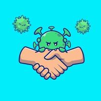 Hand Shake With Cute Virus Cartoon Vector Icon Illustration.  People Medical Icon Concept Isolated Premium Vector. Flat  Cartoon Style