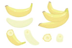 set of bunches of fresh banana. Sweet cartoon peeled banana and bunch of bananas. Collection flat bananas. Peel banana, yellow fruit vector illustration set