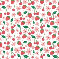 Summer seamless pattern with fruits, berries and blossom. Sweet cartoon background for textile, fabric, decorative paper. Vector