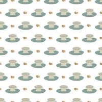 Seamless pattern with cups, saucers. Print with mugs for cafes, textiles and design. Vector flat illustration