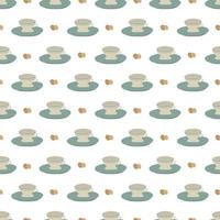 Seamless pattern with cups, saucers. Print with mugs for cafes, textiles and design. Vector flat illustration