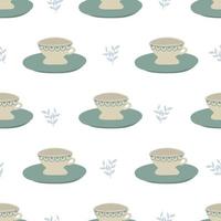 Seamless pattern with cups, saucers. Print with mugs for cafes, textiles and design. Vector flat illustration