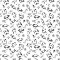 Space seamless pattern print design for kids with ccosmic galaxy texture and doodl rockets, tars, planets, spaceships. vector