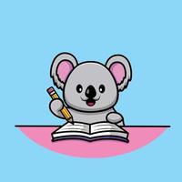 Cute Koala Writing On Book With Pencil Cartoon Vector Icon Illustration. Animal Education Icon Concept Isolated Premium Vector. Flat Cartoon Style