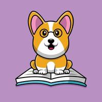 Cute Corgi Dog Sitting On Book Cartoon Vector Icon Illustration. Animal Education Icon Concept Isolated Premium Vector. Flat Cartoon Style