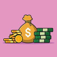 Money Bag With Money And Coin Cartoon Vector Icon Illustration. Finance Object Concept Isolated Premium Vector. Flat Cartoon Style