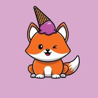 Cute Fox With Ice Cream On Head Cartoon Vector Icon Illustration. Animal Food Icon Concept Isolated Premium Vector. Flat Cartoon Style