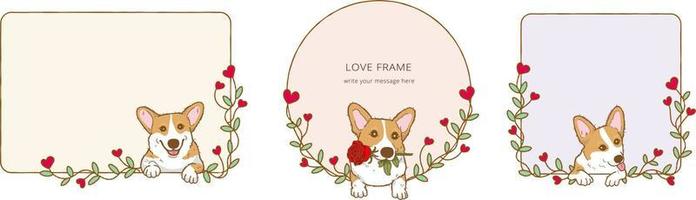 Frame with  Cartoon corgi dog holding red rose flower in mouth, Lovely dog in love on valentines day gives gift illustration Frame