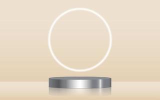 Realistic Silver blank product podium scene isolated with round neon light on gold background. Chrome cylinder mock up scene. Geometric metallic round shape for product branding. 3d illustration vector