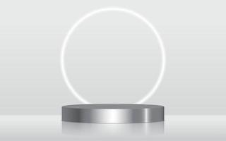 Realistic silver chrome blank product podium scene isolated with round neon light on background. Iron cylinder mock up scene. Geometric metallic round shape for product branding. 3d illustration