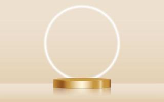 Realistic golden blank product podium scene isolated with round neon light on background. Gold cylinder mock up scene. Geometric metallic round shape for product branding. 3d vector illustration