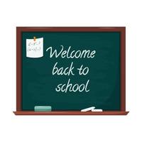 Blackboard with lettering Back to school. There are chalk marks on the Board. A sheet of notes is attached with a button. Copy space, a place for text. Vector illustration in flat style.