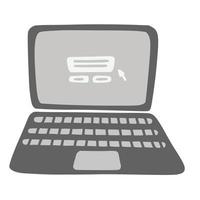 Open laptop in Doodle style. A blank monitor. Computer for work, study, and business. Electronic equipment for mobility. Hand drawn and isolated on a white background. Color vector illustration.