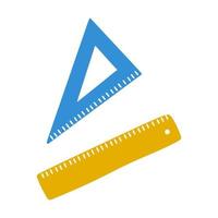 School ruler, triangle. Office supplies for measuring and drawing straight lines. A simple drawing is drawn by hand. Isolated on a white background. Color vector illustration.