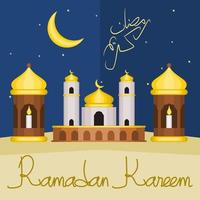 Editable Mosque Miniature with Arab Lanterns, Crescent Moon, Stars and Arabic Calligraphy Script of Ramadan Kareem on Night Scene Vector Illustration for Islamic Fasting Month Moments Design Concept