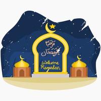 miniaturas de mezquita editables y puerta con escritura de caligrafía árabe de marhaban ya ramadan en trazos de pincel ilustración vectorial de fondo del cielo para el mes de ayuno y el concepto de diseño de momentos islámicos vector