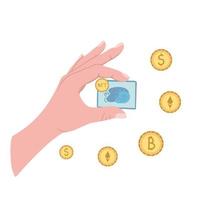Hand with NFT with coins, bitcoins, cryptocurrency. Concept of non fungible token. Hand with NFT. Illustration for backgrounds, website, mobile app and posters. Isolated on white background. vector