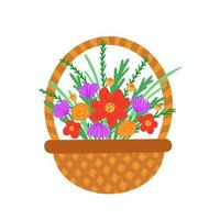 Basket of flowers. Wicker basket for home. Illustration for printing, background, cover, packaging, greeting card, poster, sticker, textile and seasonal design. Isolated on white background. vector