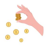 Hand with money, bitcoins, cryptocurrency. Money concept, golden coins design. Illustration for backgrounds, website, mobile app, posters and seasonal design. Isolated on white background. vector