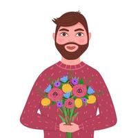 Man with bouquet flowers, courier, husband, boyfriend. Happy birthday, Valentine's Day.  Illustration for backgrounds, greeting cards, posters and seasonal design. Isolated on white background. vector