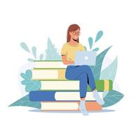 chica estudiante estudiando con laptop. mujer joven sentada en una pila de libros, obteniendo conocimiento en línea vector
