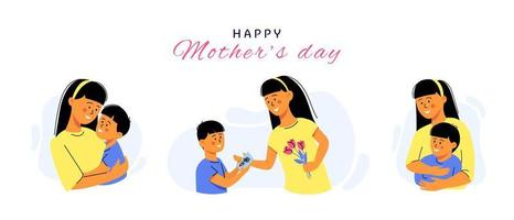 tarjeta del día de las madres felices. madre cargando a su pequeño hijo. conjunto de tres ilustraciones vectoriales vector