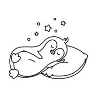 pingüino durmiendo en la almohada. icono de pájaro animal polar ilustración vectorial línea gruesa vector